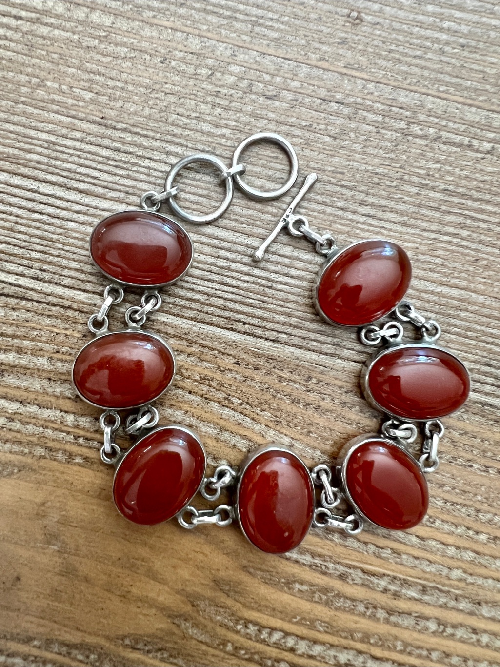 Vintage 925 Sterling Silver Carnelian Cabochon Link Toggle Bracelet